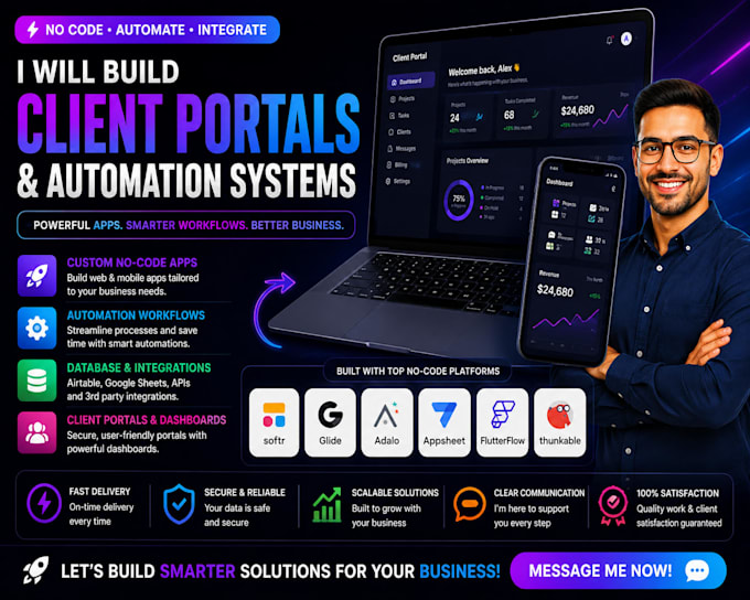 setup softr glide adalo appsheet flutterflow thunkable clientportal mobile app