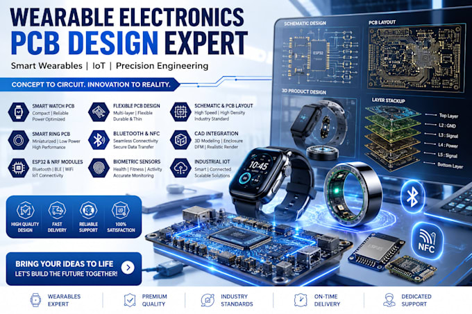 design wearable pcb, esp32 iot, smart watch and smart ring hardware pcb design
