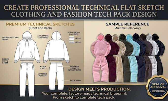 create professional technical flat sketch clothing and fashion tech pack design