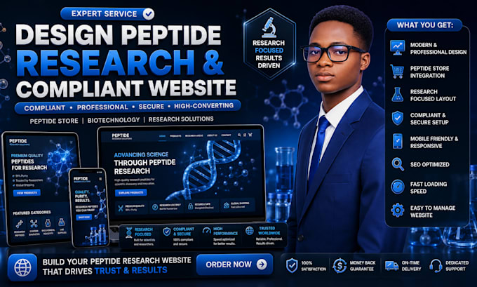 design peptide research website compliant peptide store biotechnology website