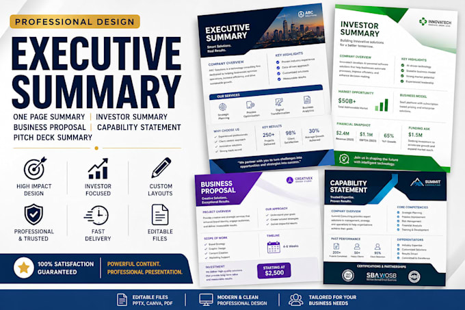 Design executive summary, one page summary, investor summary, business ...