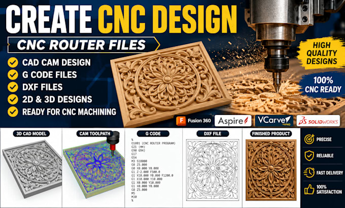 create cnc design, cnc router files, cad cam, g code and dxf files