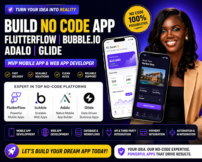 build no code app, flutterflow, bubble io, adalo, glide mvp mobile app developer