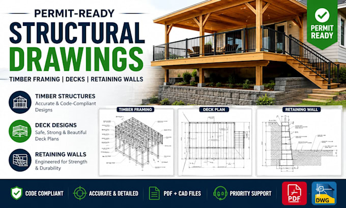 design timber trailer structure, deck drawing and retaining wall plan