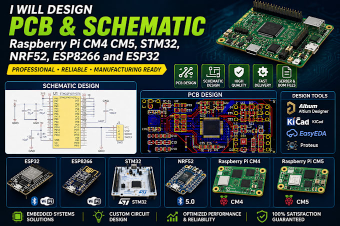 design pcb, schematic, raspberry pi cm4 cm5, stm32, nrf52, esp8266 and esp32