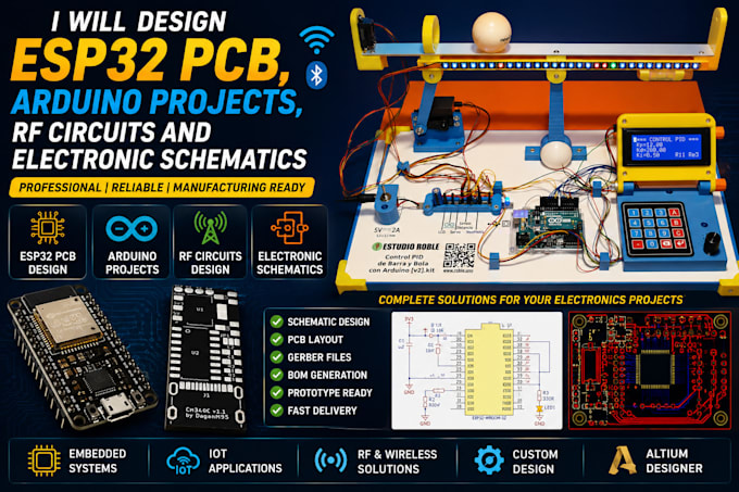 design esp32 pcb, arduino projects, rf circuits and electronic schematics