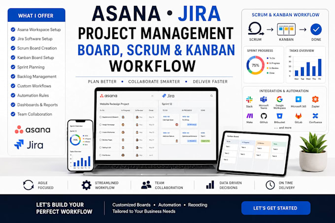 create asana jira project management board, scrum and kanban workflow