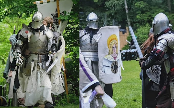 create 3d medieval knight cosplay full armor shield,  sword design, props armor