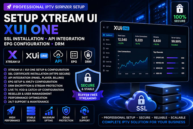 setup xtream ui xui one, ssl installation api integration epg configuration ,drm