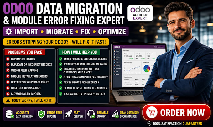 migrate odoo data import products customers fix module installation errors