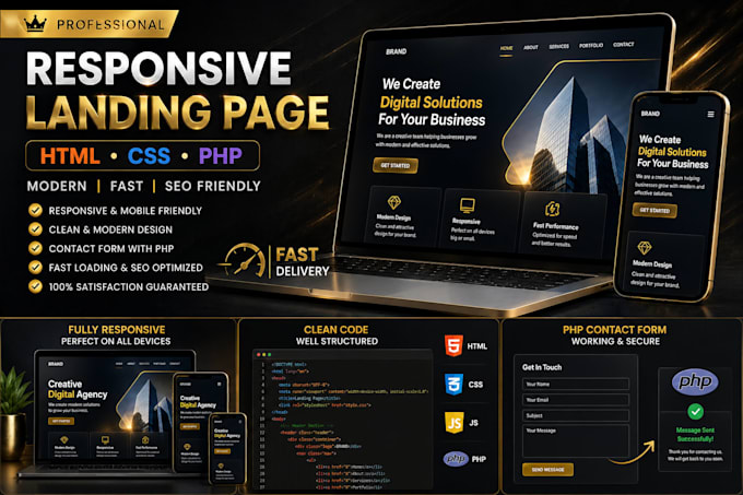 create responsive HTML CSS PHP landing page website
