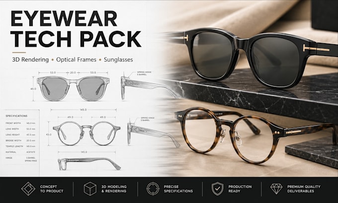 design eyewear tech pack design, factory tech pack and 3d rendering