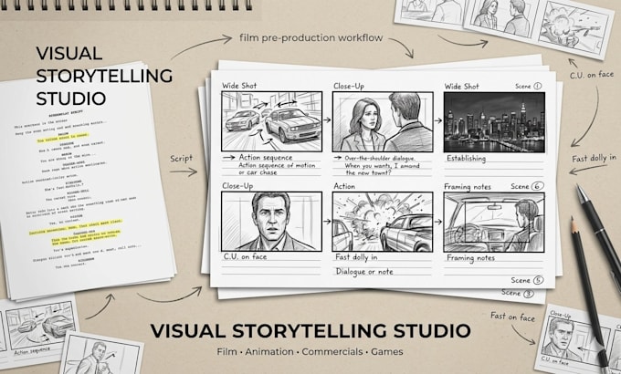 draw action storyboard sequences for games and animation