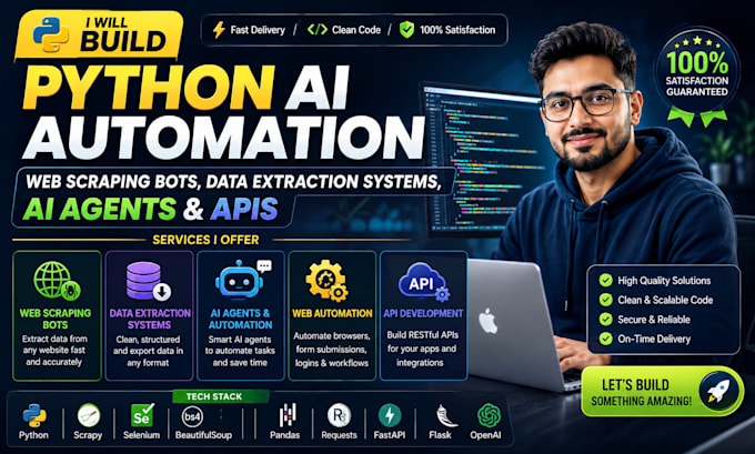 build python ai automation, ai agents, web scraping bot, data extraction and API