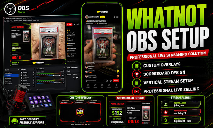 setup obs for whatnot live streams, overlays, scoreboard and vertical stream