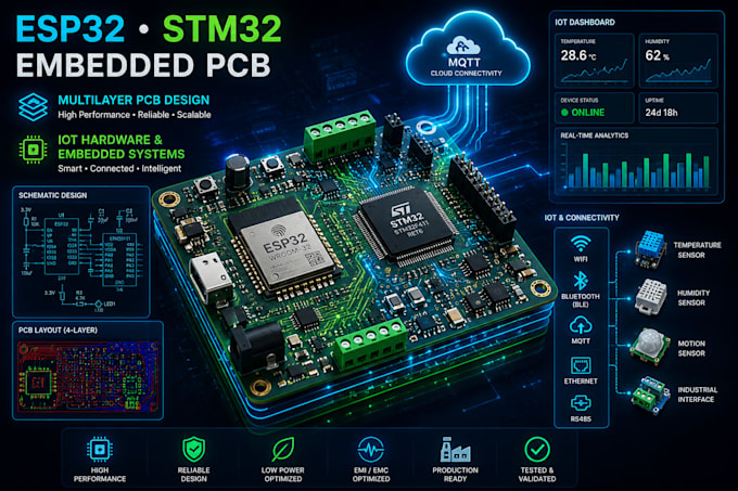 develop esp32 stm32 embedded pcb, multilayer pcb, iot hardware, embedded system