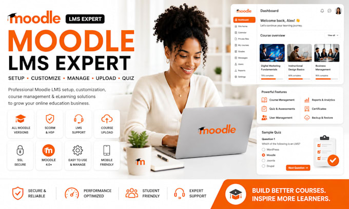 install, setup, manage, customize, any moodle lms version, upload courses, quiz