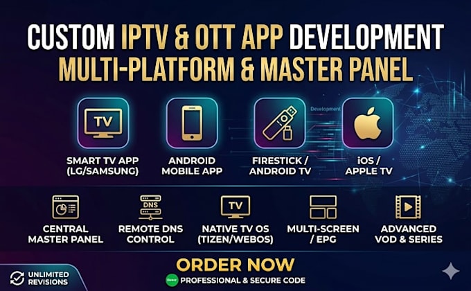 create branded iptv app, ott, vod, smart tv app for multi platform with panel