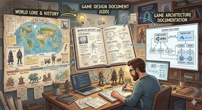 design your gdd, world lore, and game architecture documentation