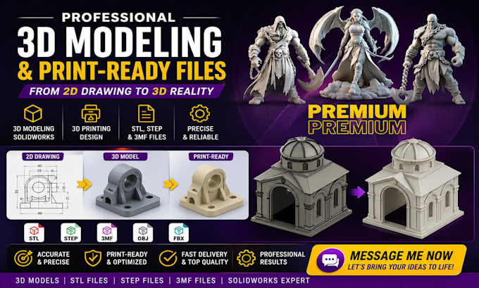 create stl file, 3mf, step from 2d drawing  for 3d printing
