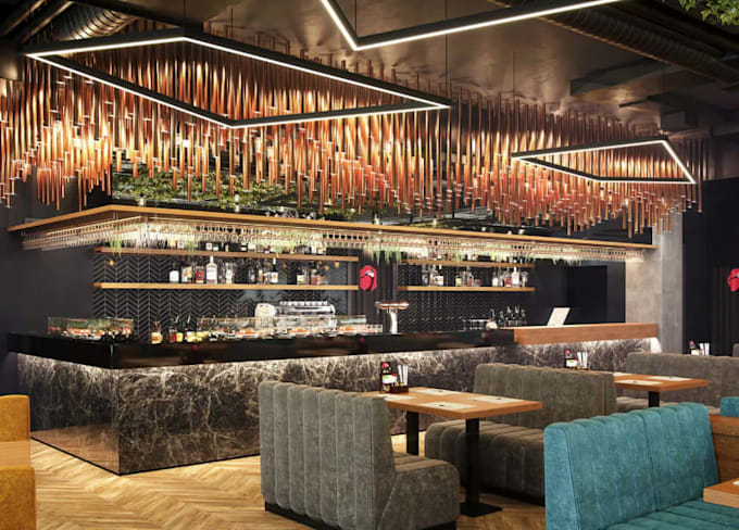 renovate your restaurant interior to modern,cafe design,lounge,3d kitchen render