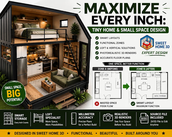 design your tiny house or small space layout in sweet home 3d