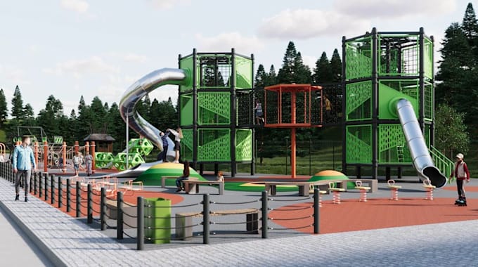 replan 3d kids recreation area landscape design, playground concept rendering