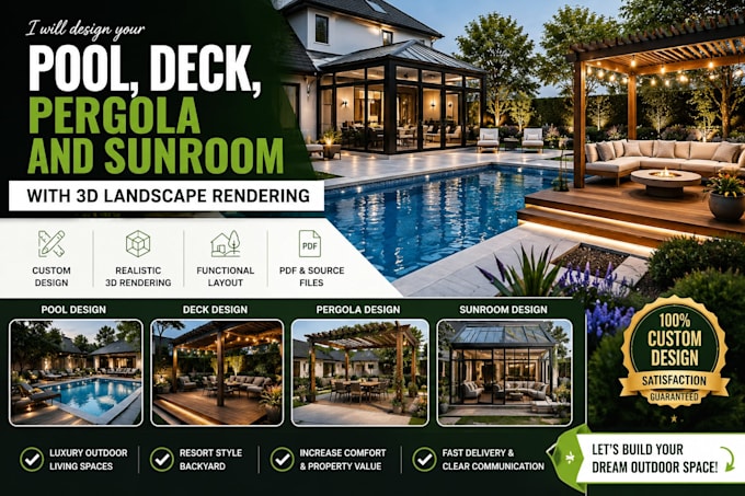 design a pool deck pergola and sunroom with 3d landscape rendering