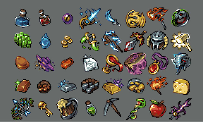 create 2d game assets, pixel icon, props, object, weapons pixel vfx