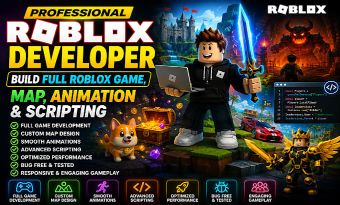 professional roblox game development, map, animation, scripting