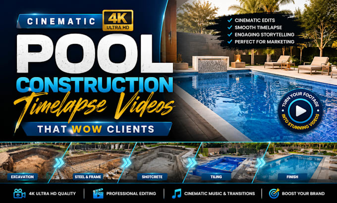 create cinematic construction time lapse videos for pool and real estate project