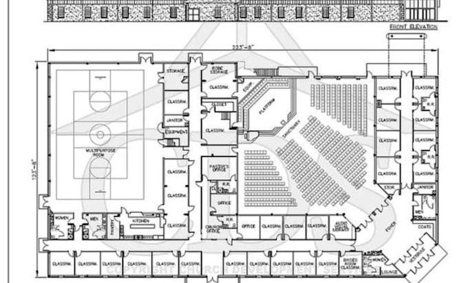do church floor plan and 3d layout and architectural drawing with 3d modeling