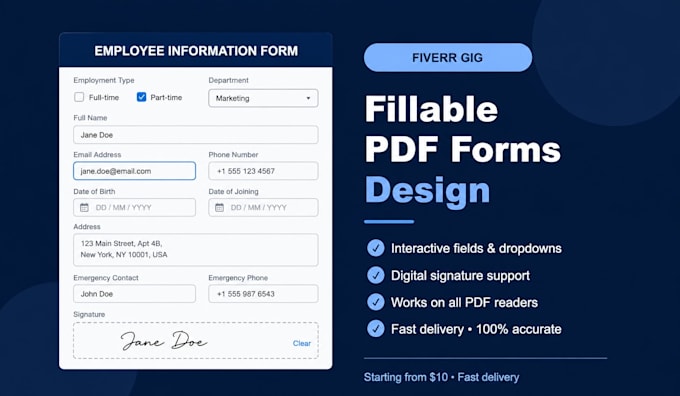 design a professional fillable PDF form with interactive fields