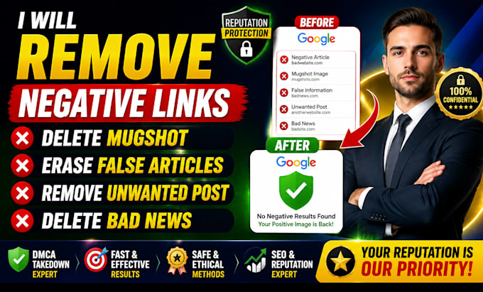 remove negative links delete mugshot erase false articles unwanted post bad news