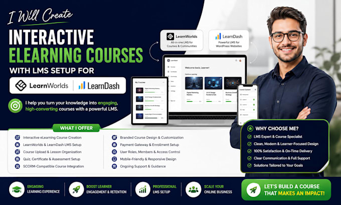 create interactive elearning course with lms setup for learnworld, learndash