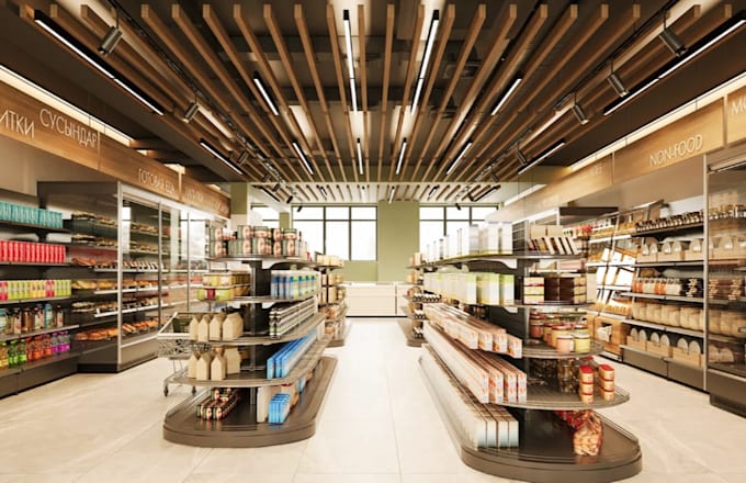 rearrange 3d retail layout design, supermarket interior,grocery store,cgi render