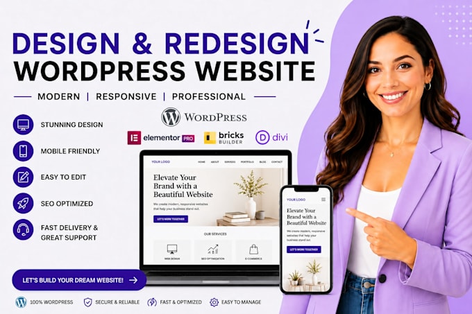 design and redesign wordpress website using elementor pro, bricks builder, divi