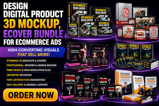 design digital product 3d mockup, ecover bundle for ecommerce ads