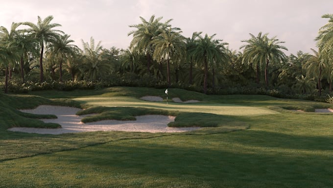 create realistic 3d golf course, fairways, greens, resort, landscape design
