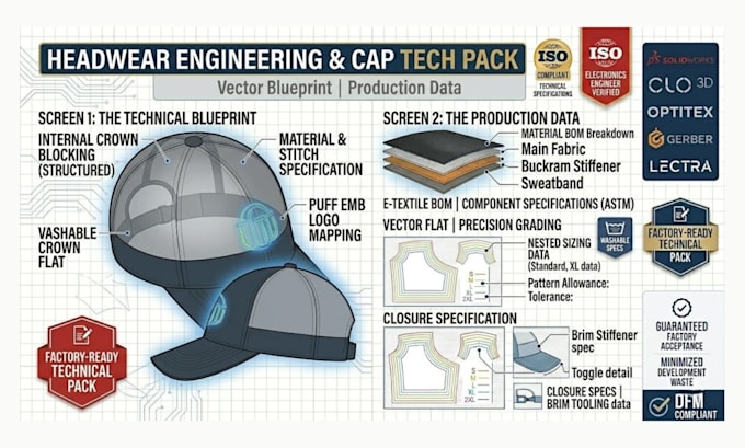 design a professional cap tech pack and headwear manufacturing spec sheet