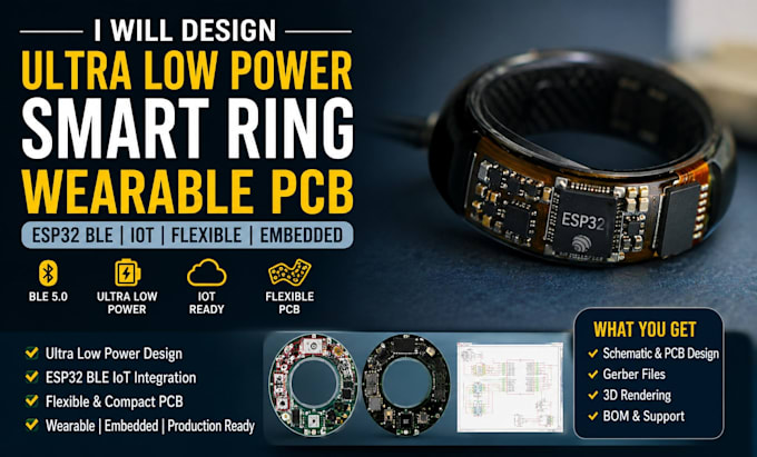 design ultra low power smart ring wearable pcb, esp32 ble iot, flexible embedded
