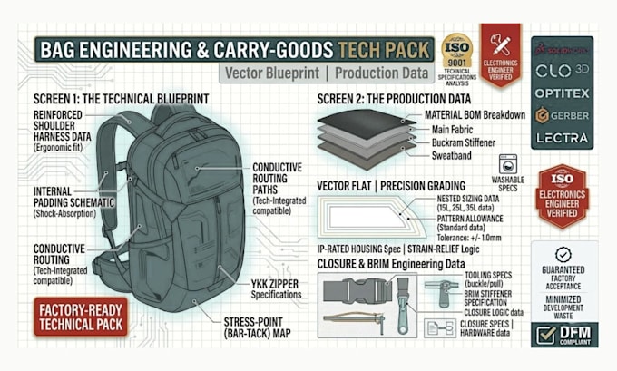 provide technical bag engineering and production ready backpack tech packs