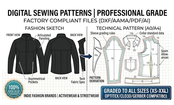 create digital sewing patterns, garment grading, and tech packs for your brand