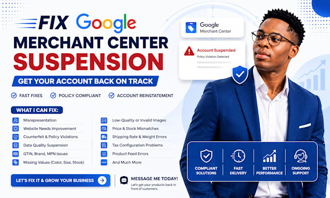 fix gmc suspension,  google merchant center, merchant center misrepresentation