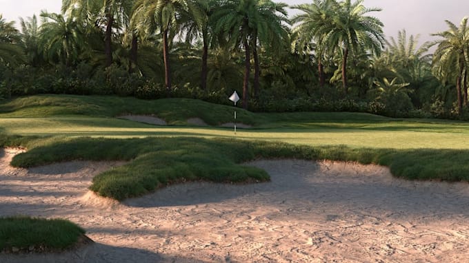 cgi rendering golf course, mini golf field, golf cart park design, golf bays
