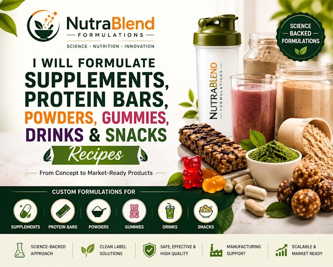 formulate supplement, protein bars, powders, gummies, drinks, and snacks recipes