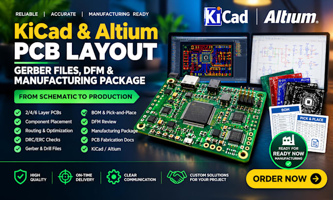 kicad altium pcb layout design, gerber files, dfm and manufacturing package