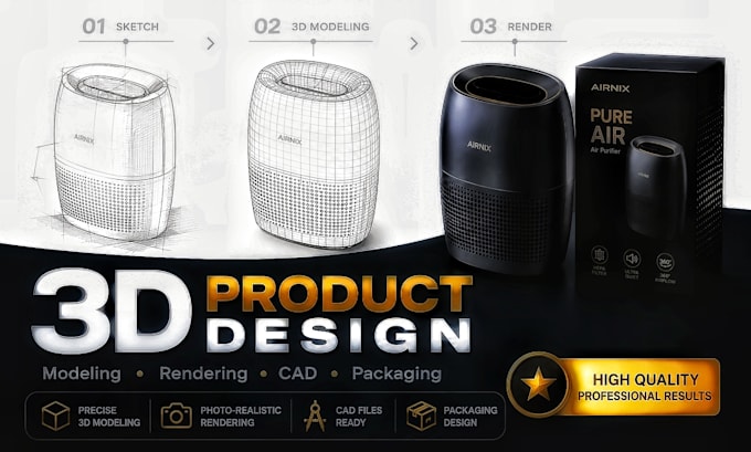 do 3d products design, 3d modeling, 3d rendering, 3d cad, 3d product animation