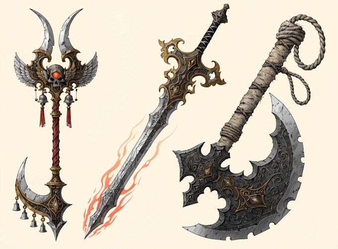 Create detailed 2d weapons with an epic style by Bellamarner | Fiverr