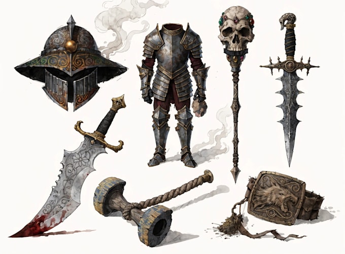draw any medieval fantasy weapons, armors and items art